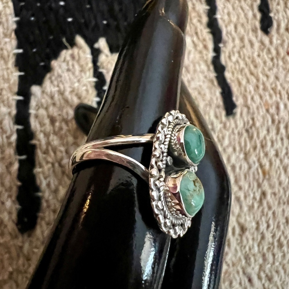 ❤️ Kingman Turquoise 2 Stone 925 Sterling Decorative Sz 6.75 Navajo Ring 3.8 Gm - Picture 5 of 17